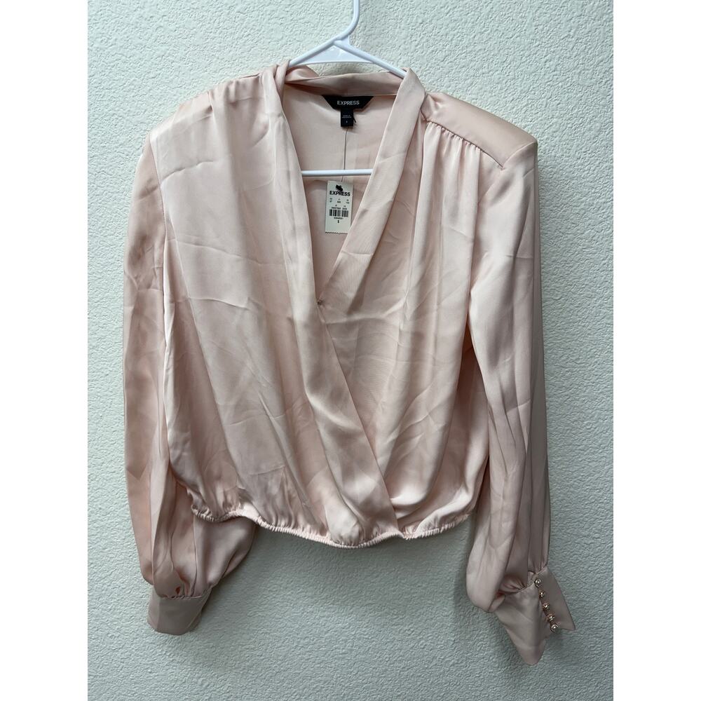 Express Shirt Womens Size S Blush Pink Faux Wrap V Neck Puff Shoulder Blouse New